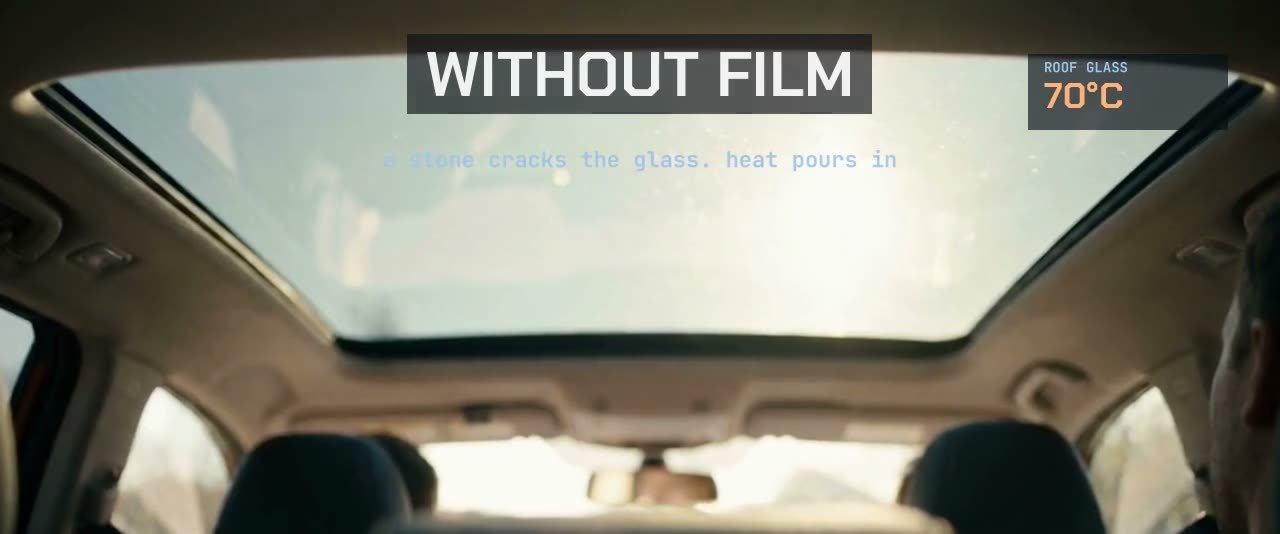 Harsh sun through a panoramic roof, then calm light after the film